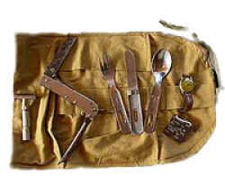 David's mess kit/personal effects bag. When a man died this was used to contain his personal effects. This shot shows a watch, dog tags, cutlery, jack-knife/trench-digger & razor.