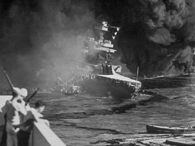The USS California on fire after the Japanese attack on December 7, 1941.