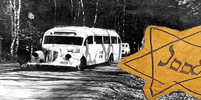 White buses pick up women from Ravensbrück concentration camp