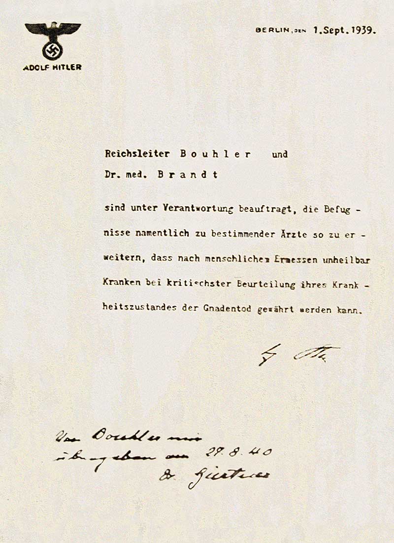 The original directive to commence the Aktion T4, written out by Adolf Hitler.