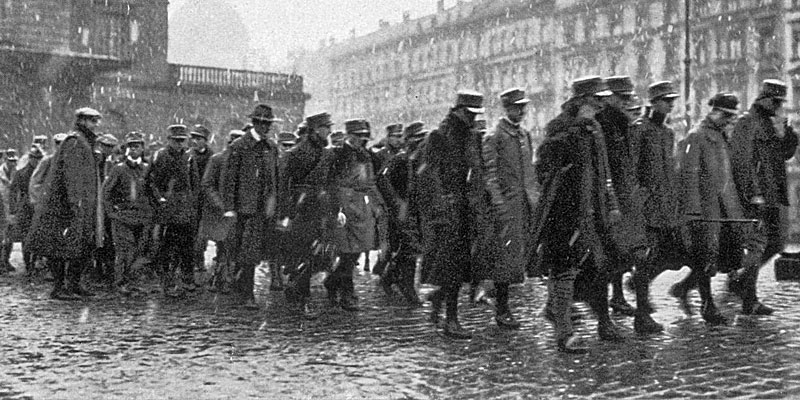Hitler, Ludendorff and their supporters march through Munich on 9 November 1923 during the Beer Hall Putsch.