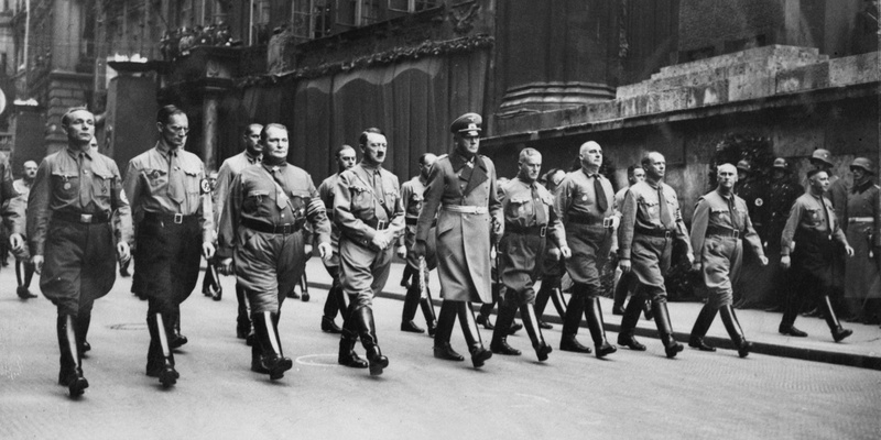 Hitler, Ludendorff and their supporters march through Munich on 9 November 1923 during the Beer Hall Putsch.