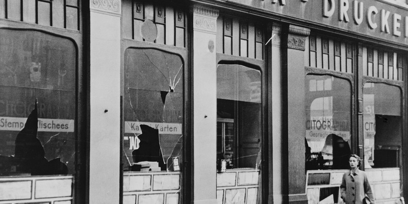 A damaged shop following the Kristallnacht attacks.
