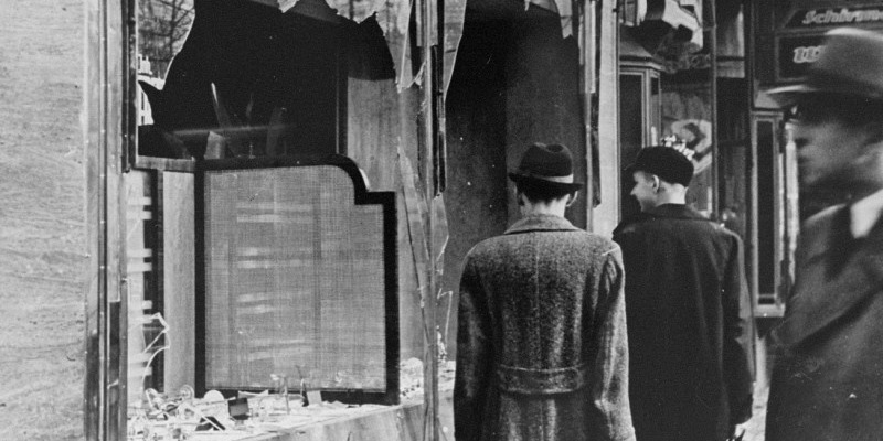 Shattered shop windows following Kristallnacht, November 1938.