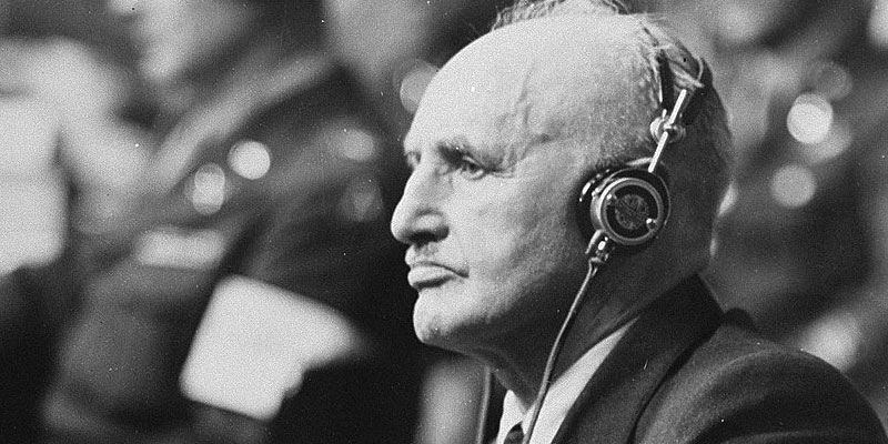 Julius Streicher the publisher of Der Stürmer, sitting in the courtroom dock during the International Military Tribunal at Nuremberg 1946.