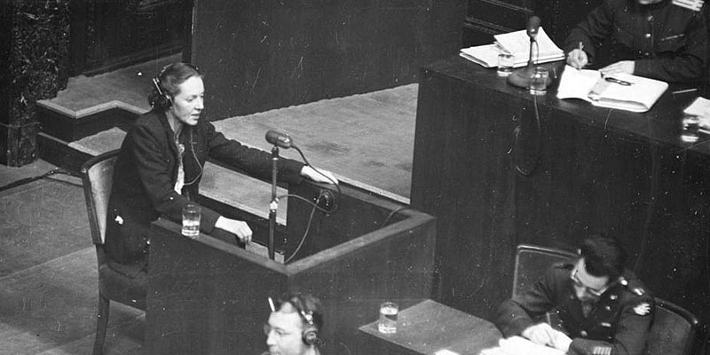 : French Resistance member and Auschwitz survivor Marie-Claude Vaillant-Couturier testifies in the witness stand at the Nuremberg trials, January 28, 1946