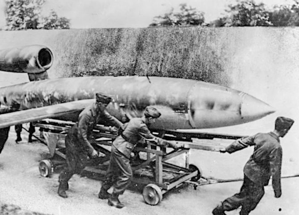 A V1 missile is being rolled out of shelter to be launched.jpg
