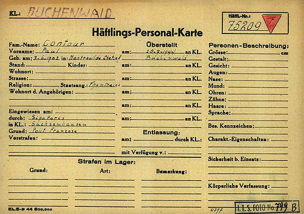 Prisoner card of Paul Contour (75209)
