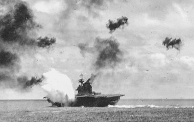 A Japanese bomb explodes alongside USS Yorktown during the Battle of Midway.