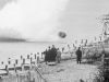 Barnes Wallis watches a practice Upkeep bomb run at Reculver in Kent.