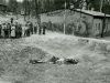 Corpses lie in a sunken mass grave outside a barrack of the Langenstein-Zwieberge concentration camp while survivors gather nearby.