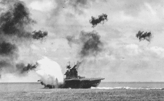 A Japanese bomb explodes alongside USS Yorktown during the Battle of Midway.