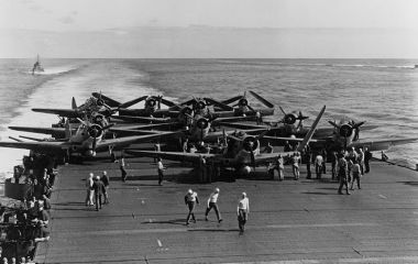 Aircraft are prepared for launch aboard USS Hornet as the United States Navy prepares for the Battle of Midway in June 1942.