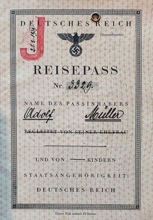 Adolf Mueller's Reispass or passport. The red "J"  indicated that the holder was Jewish.