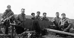 Neuss, Germany, March 1945. Sergeant Arnold is on far right. Back of the photo lists names, from left to right: Iavannica, Canine, Romano, Hunter, Busa, Phillips, Arnold. This is the gun that was destroyed by the Germans at the Elbe River in April 1945.