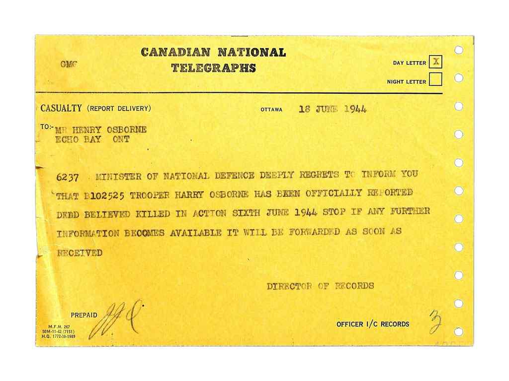 The telegram Harry's family received about him. being killed in action