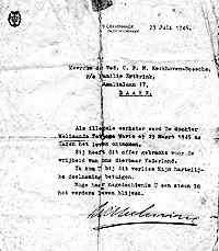 A letter from Her Majesty Queen Whilhelmina informing the loss of Anda's life and praising her family for Anda's fight for the fatherland