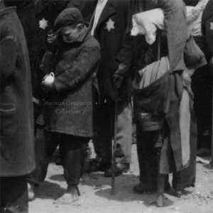 12-year-old Herman was taken by train car to Auschwitz and arrived on May 26, 1944. Here is a picture of a shoeless Herman on the selection line with the adult men.
