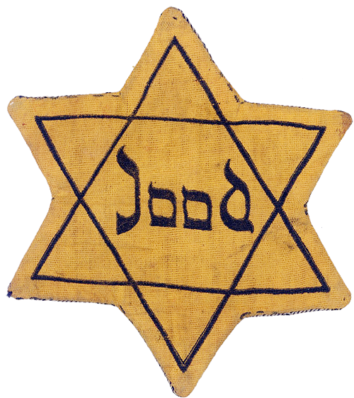 A yellow Star of David with the word Jood, the Dutch word for Jew