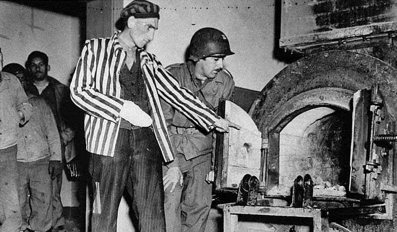 Showing US troops the crematorium at Mittelbau - Dora