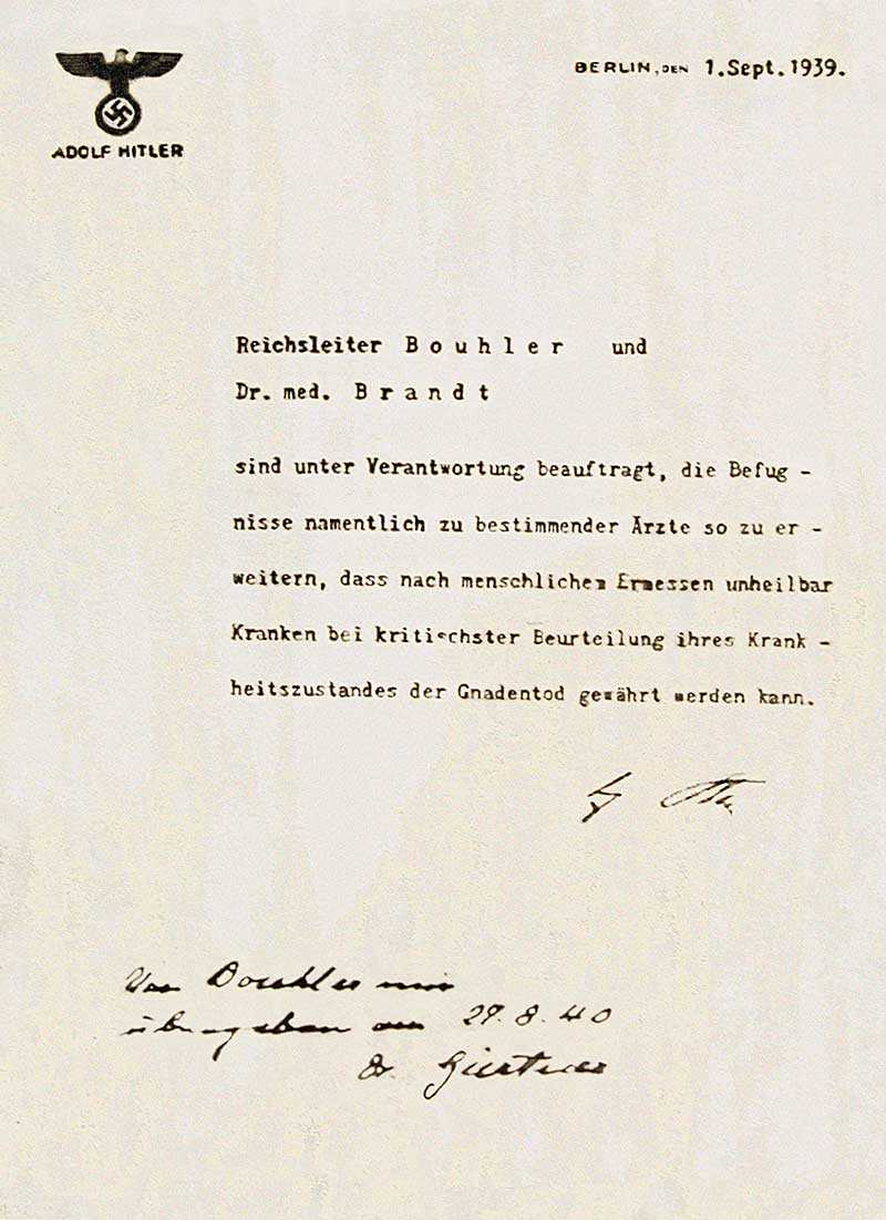 The original directive to commence the Aktion T4, written out by Adolf Hitler. 