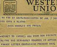 The telegram Albert's mother received informing her that Albert had been wounded.