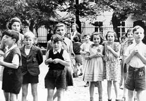 A photograph of Jewish children in Terezín taken during the inspection by the International Red Cross