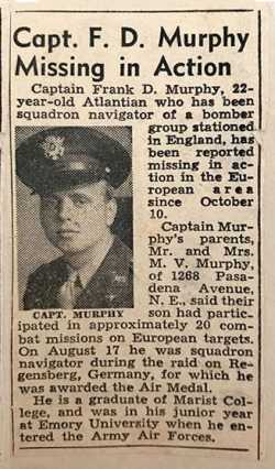 Atlanta Journal Constitution article from early November 1943 after Frank Murphy and his crew were shot down