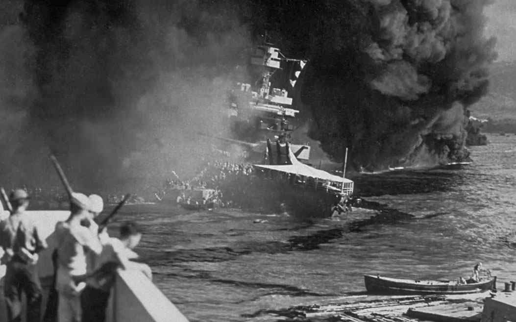 The USS California on fire after the Japanese attack on December 7, 1941.