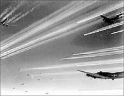 Painting the sky with white lines, a vast amount of B 17's flying towards their destination