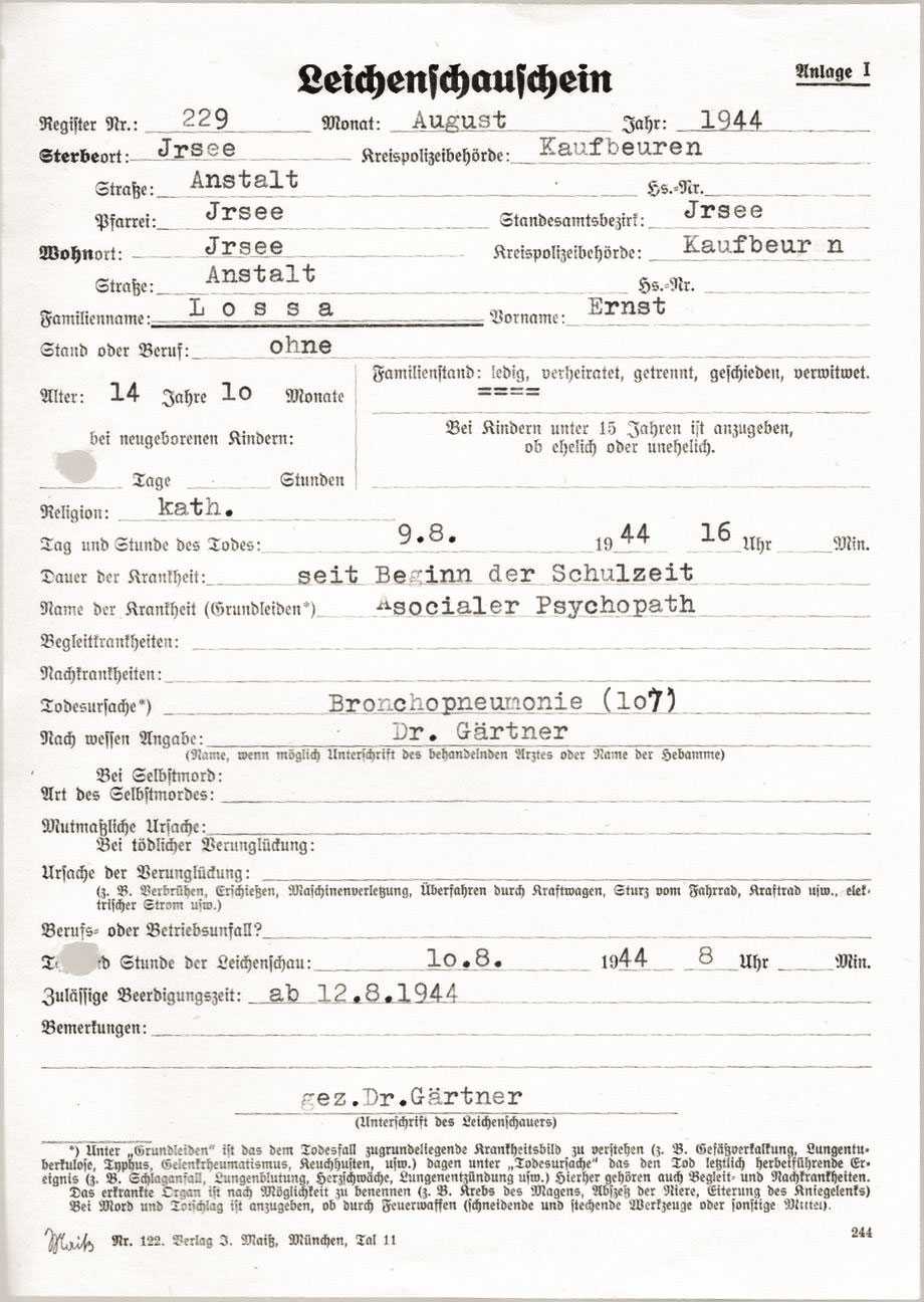 Ernst Lossa's death certificate