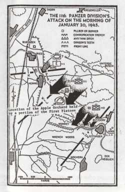 A tactical map of January 20, 1945, primarily for the purpose of showing the location of the Apple Orchard in which we had spent such an eventful week.