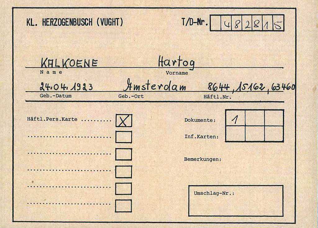 Hartog's personal card from Vught