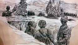 A drawing made by Jack Ammons and depicts his accidental meeting with the German sentries which is described in the story. Jack Ammons (my father) landed with Company C, 357, 90th ID at Utah Beach on June 8 and served every day with the company until May 8, 1945, earning the CIB, 5 Battle Stars, and the Bronze Star Medal.
