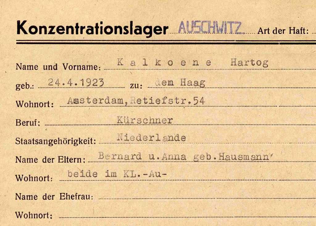 Hartog's personal file from Auschwitz