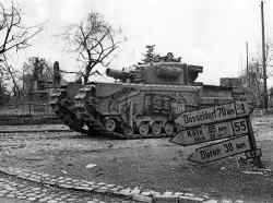 A Churchill AVRE (Armoured Vehicle Royal Engineer) tank armed with the 290 mm Petard spigot mortar