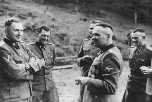 Some of the German perpetrators; Richard Baer, Dr. Josef Mengele, Josef Kramer, and camp commander Rudolf Höss in the foreground