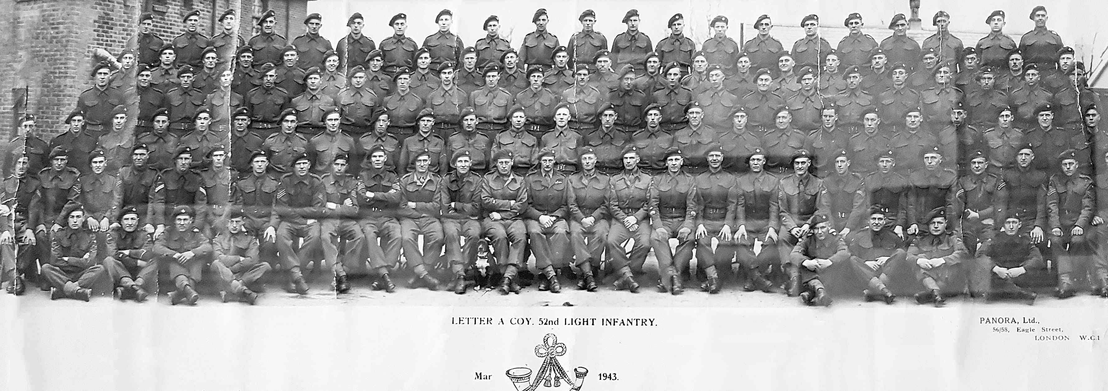 This picture of A Company, 2nd Battalion Gliderborne, the Oxfordshire and Buckinghamshire Light Infantry was made in 1943. My Grandad, George Rider, is in the front full row sitting, 10th from the left, with his Staff Sergeant stripes.