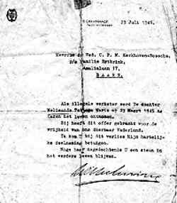 A letter from Her Majesty Queen Whilhelmina informing the loss of Anda's life and praising her family for Anda's fight for the fatherland